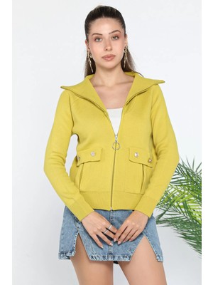 Gülseli Fermuarlı Cepli Triko Ceket