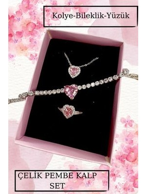 Pembe Kalp Çelik Kolye Bileklik Yüzük Kombin Seti Sevgili Hediyelik Yıldönümü Hediye Konsept Hediye