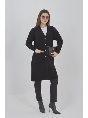 Fresh Moda Kadın Uzun Triko Mevsimlik Cepli Düğmeli Likralı Hırka