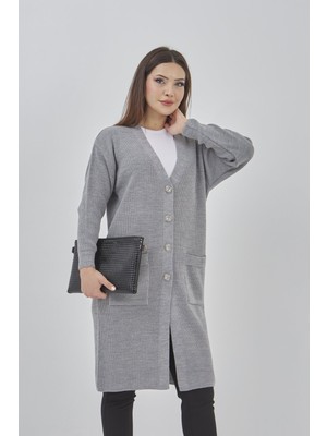 Fresh Moda Kadın Uzun Triko Mevsimlik Cepli Düğmeli Likralı Hırka