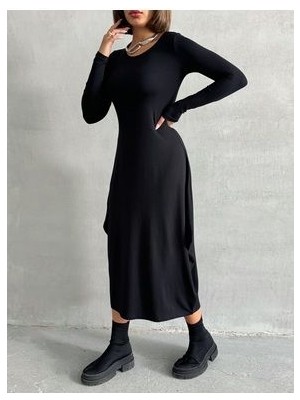 Kadın Siyah Bisiklet Yaka Uzun Kol Şalvar Kesim Viskon Elbise