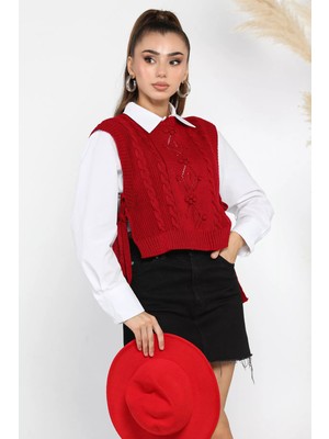Gülseli Yan Bağlamalı Triko Süveter