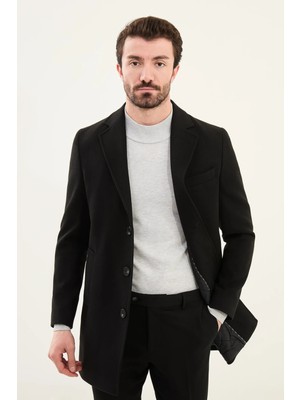 Düz Slim Fit Mono Yaka Klasik Erkek Kaşe Kaban