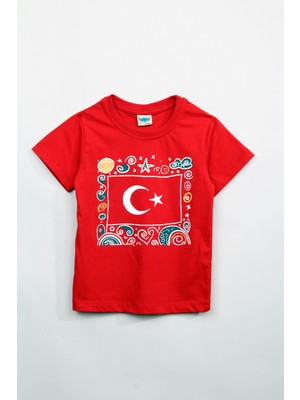 Perendi Kırmızı %100 Pamuklu Kısa Kollu Unisex Çocuk Tişört Türk Bayrağı Baskılı Eğlenceli Tasarım