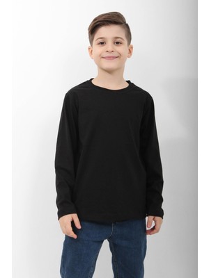 %100 Pamuklu Kız ve Erkek Unisex Uzun Kollu Basic Tshirt Siyah