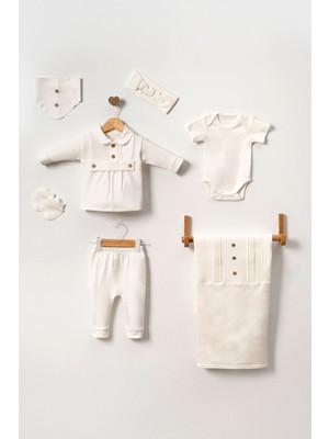 Miniğimin Cicileri Düğmeli Nervür Detaylı Erkek Bebe 7 Parça Hastane çıkışı seti - Beyaz