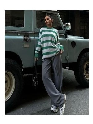 Yeşil Gri Çizgili Kadın Kazak