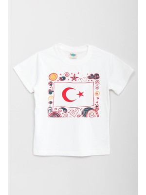 %100 Pamuklu Kısa Kollu Türk Bayrağı Baskılı Kız ve Erkek Unisex Çocuk Tshirt Beyaz