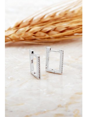 Sümer Telkari Dikdörtgen Taşlı Rodyumlu Minimal Gümüş Küpe 7177