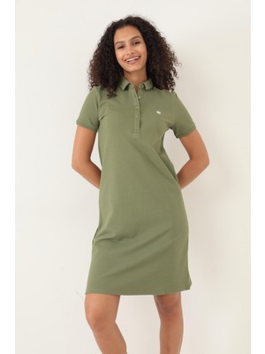 Miron Haki Kadın Polo Yaka Kısa Kollu Örme Elbise -2431