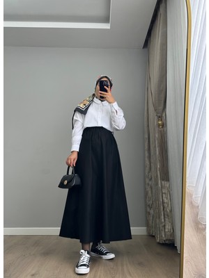 Kadın Gabardin Beli Lastikli Cepli Kloş Etek