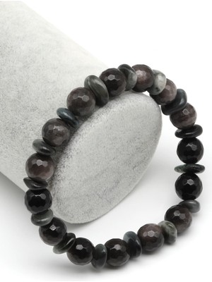 Alibaba Doğaltaş Silver Obsidyen-Kedi Gözü Doğal Taş Tasarım Bileklik 10 mm Fasetli Küre Kesim