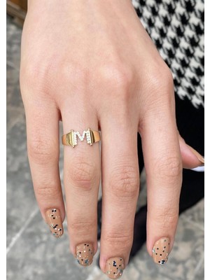 Bayar Gold Altın Yeni Tasarım Taşlı M Harfli Yüzük