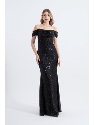 HOX'S Victoria | Pul Payetli Şeffaf Askılı Düşük Kol Maxi Balık Abiye Elbise - Siyah