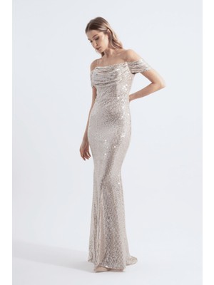 HOX'S Victoria | Pul Payetli Şeffaf Askılı Düşük Kol Maxi Balık Abiye Elbise - Bej