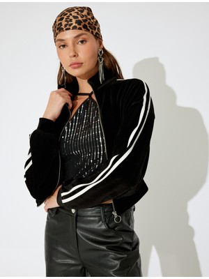 Koton x Inji - Kadife Fermuarlı Şerit Detaylı Dik Yaka Asimetrik Crop Sweatshirt
