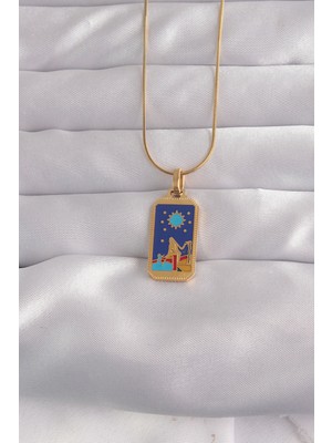 Mergub 316L Çelik Gold Renk Mavi Mineli Kız Figür Tarot Kolye