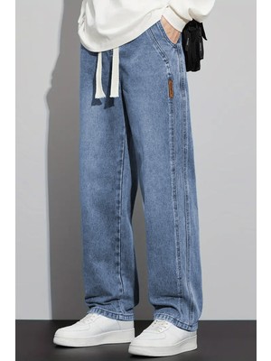 The Rule Erkek Mavi Baggy Beli Lastikli Likralı Düz Paça Bol Kesim Esnek Jean Denim Kot Pantolon RF0484