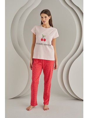 Dream Fashion %100 Pamuk Pembe Cherry Amour Pijama Takımı