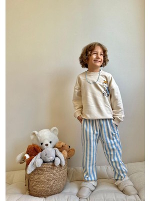 Sacro Kids Ayıcık Zoo Baskılı Altı Çizgili Eşofman-Sweatshirt 3 Iplik Erkek Çocuk Takım