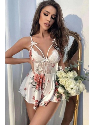 MOTTO10 Butik Mikro Üstüne Çiçek Baskılı Dantelli Babydoll Gecelik Takım