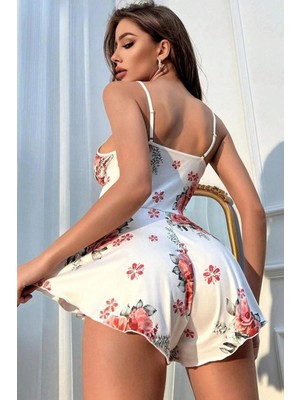 MOTTO10 Butik Mikro Üstüne Çiçek Baskılı Dantelli Babydoll Gecelik Takım