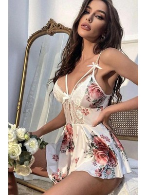 MOTTO10 Butik Mikro Üstüne Çiçek Baskılı Dantelli Babydoll Gecelik Takım