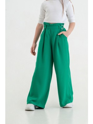 Kız Çocuk Tokalı Kemerli Keten Pantolon G2545