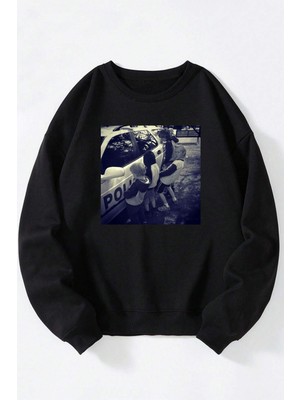 The Wert God Of Bar Baskılı Kadın/erkek Siyah Bisiklet Yaka Pamuklu Sweatshirt