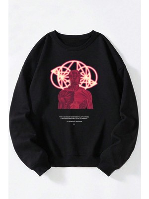 The Wert Üç Gözlü Adam Baskılı Kadın/erkek Siyah Bisiklet Yaka Pamuklu Sweatshirt