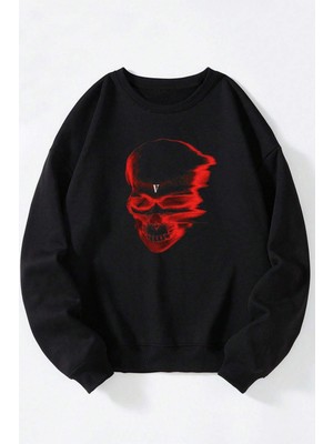 The Wert Red Şeytan Baskılı Kadın/erkek Siyah Bisiklet Yaka Pamuklu Sweatshirt