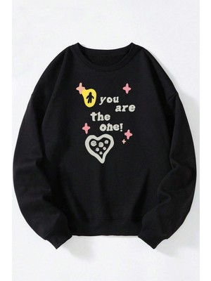 The Wert Fallig Down Baskılı Kadın/erkek Siyah Bisiklet Yaka Pamuklu Sweatshirt