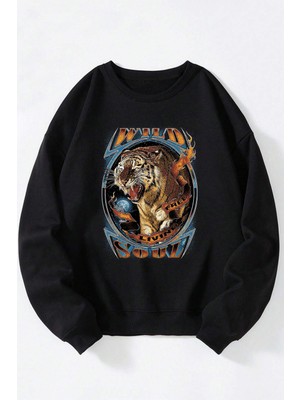 The Wert Pink Rabbit Baskılı Kadın/erkek Siyah Bisiklet Yaka Pamuklu Sweatshirt