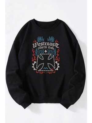 The Wert Spider Star Baskılı Kadın/erkek Siyah Bisiklet Yaka Pamuklu Sweatshirt
