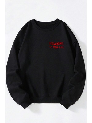 The Wert Spacehunter Baskılı Kadın/erkek Siyah Bisiklet Yaka Pamuklu Sweatshirt