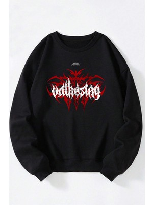 The Wert Kanlı Akrep Baskılı Kadın/erkek Siyah Bisiklet Yaka Pamuklu Sweatshirt