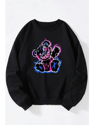 The Wert Gümüş Musta Baskılı Kadın/erkek Siyah Bisiklet Yaka Pamuklu Sweatshirt