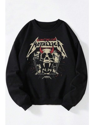 The Wert Valhesing Baskılı Kadın/erkek Siyah Bisiklet Yaka Pamuklu Sweatshirt