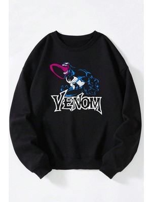 The Wert Kara Deliğe Çekilme Baskılı Kadın/erkek Siyah Bisiklet Yaka Pamuklu Sweatshirt