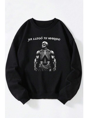 The Wert Evolutıon Is Mutatıon Baskılı Kadın/erkek Siyah Bisiklet Yaka Pamuklu Sweatshirt