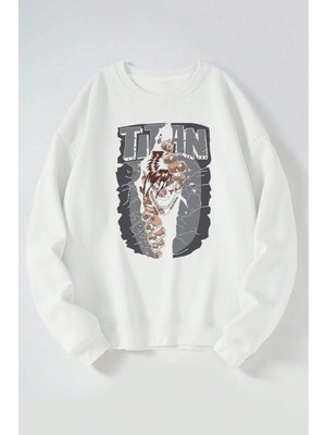 The Wert Atack On Titan Baskılı Kadın/erkek Beyaz Bisiklet Yaka Pamuklu Sweatshirt