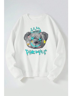 The Wert Done With It Baskılı Kadın/erkek Beyaz Bisiklet Yaka Pamuklu Sweatshirt