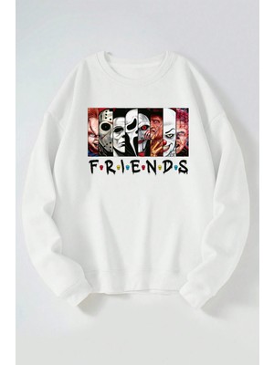 The Wert Frıends Karakter Baskılı Kadın/erkek Beyaz Bisiklet Yaka Pamuklu Sweatshirt