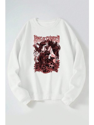 The Wert King Of Curses Dark Dothic Baskılı Kadın/erkek Beyaz Bisiklet Yaka Pamuklu Sweatshirt