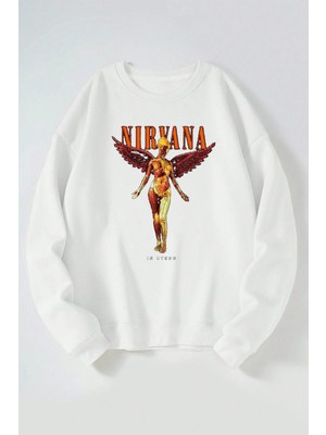 The Wert Nirvana Melek Baskılı Kadın/erkek Beyaz Bisiklet Yaka Pamuklu Sweatshirt