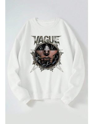 The Wert Vague Baskılı Kadın/erkek Beyaz Bisiklet Yaka Pamuklu Sweatshirt