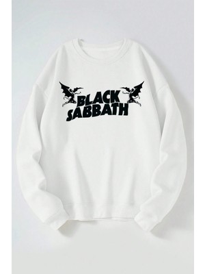 The Wert Black Sabbath Iki Melek Baskılı Kadın/erkek Beyaz Bisiklet Yaka Pamuklu Sweatshirt