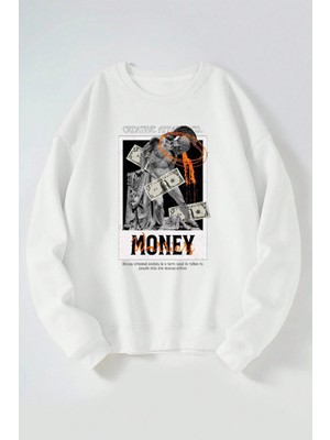 The Wert Creatıve Money Baskılı Kadın/erkek Beyaz Bisiklet Yaka Pamuklu Sweatshirt