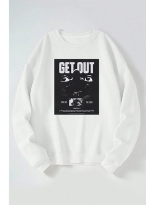 The Wert Get Out Baskılı Kadın/erkek Beyaz Bisiklet Yaka Pamuklu Sweatshirt
