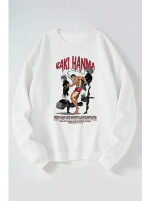 The Wert Baki Hanma Baskılı Kadın/erkek Beyaz Bisiklet Yaka Pamuklu Sweatshirt
